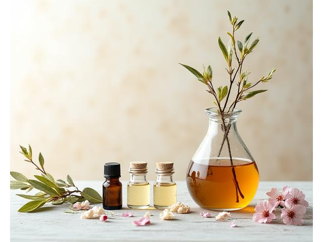 美しく配置されたドクダミ、ハトムギ、甘草などの和漢植物の乾燥ハーブと、それらから抽出されたエキスをイメージさせる小瓶